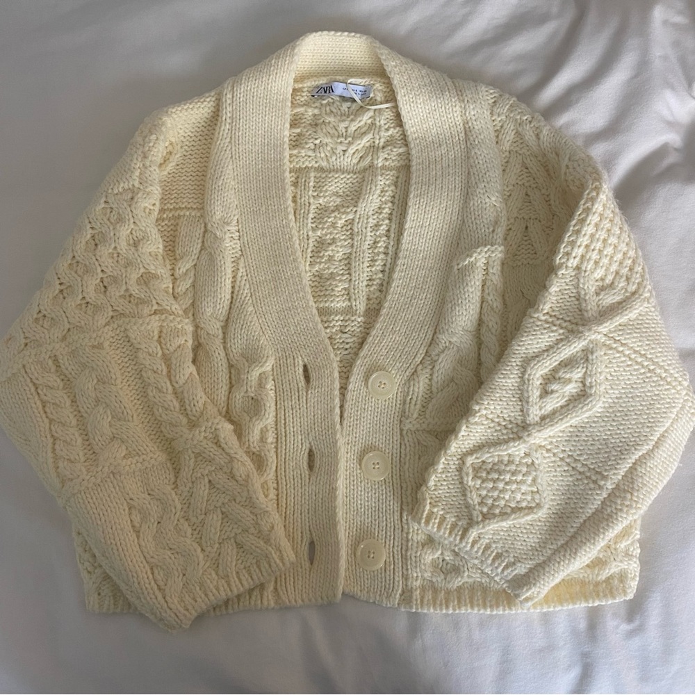 Zara Patchwork Knit Cardigan, Light Yellow